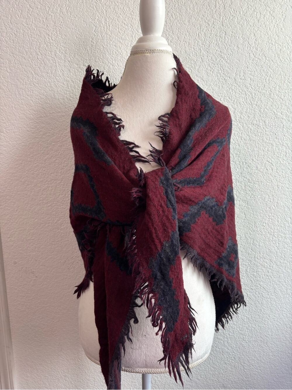 Wilfred Wool Burgundy Navy Fringed Wrap Scarf